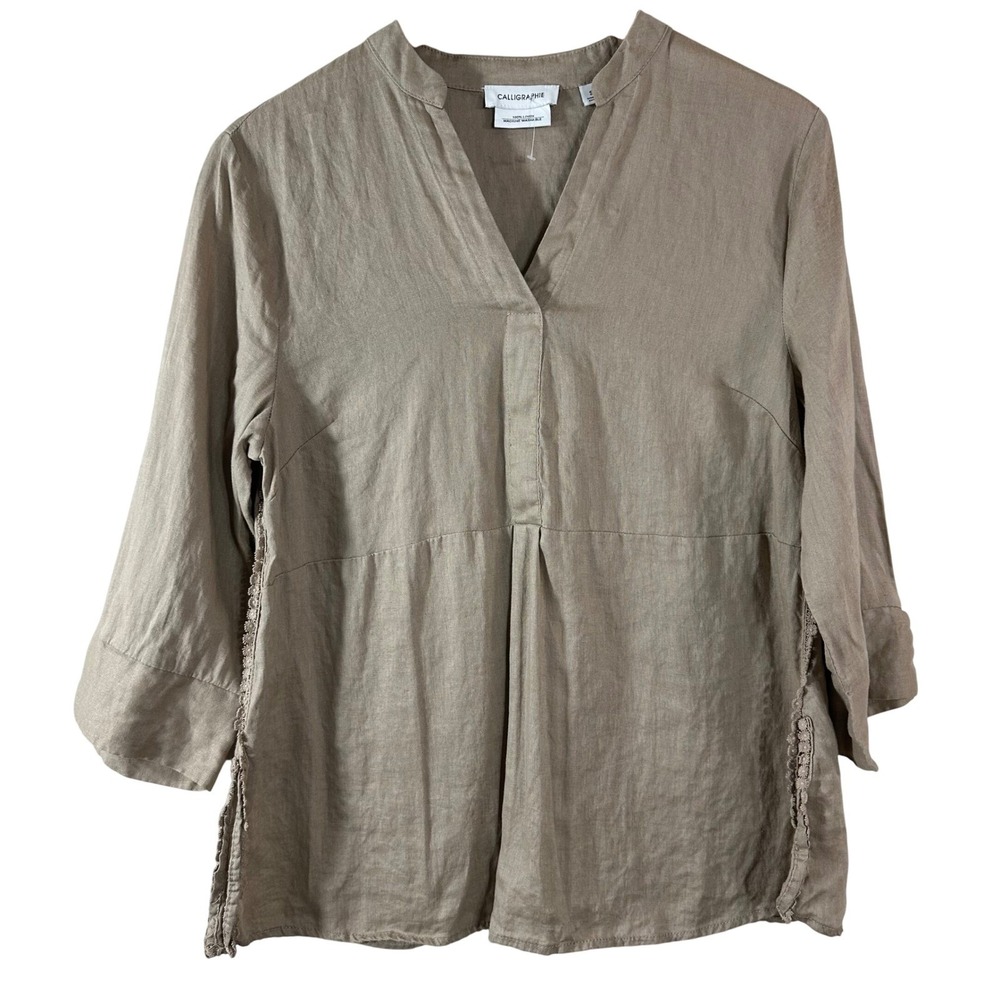Calligraphie Womens 100% Linen Tunic Top Taupe Brown‎ Crochet Trim 3/4 Sleeve S